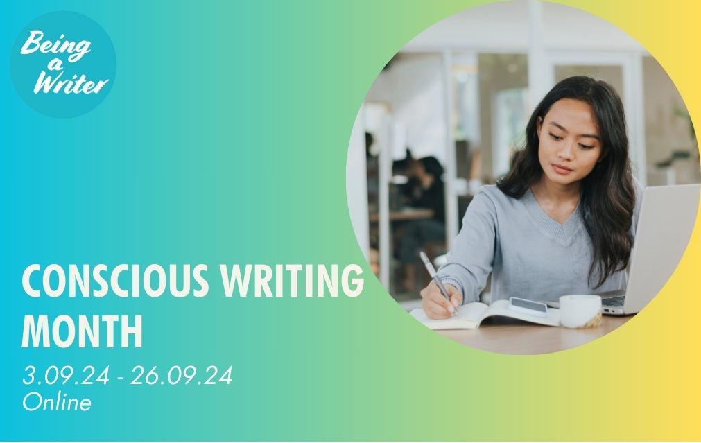 Conscious Writing Month poster with bright blue background featuring a woman writing in her notebook