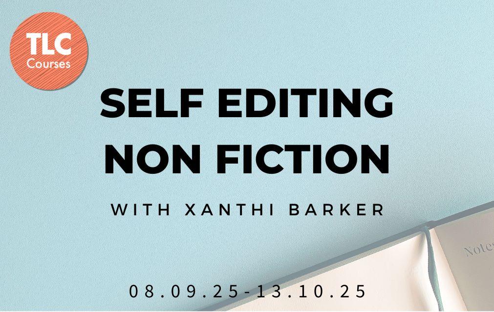 Self editing fiction course poster featuring a page from a writing diary on a blue background