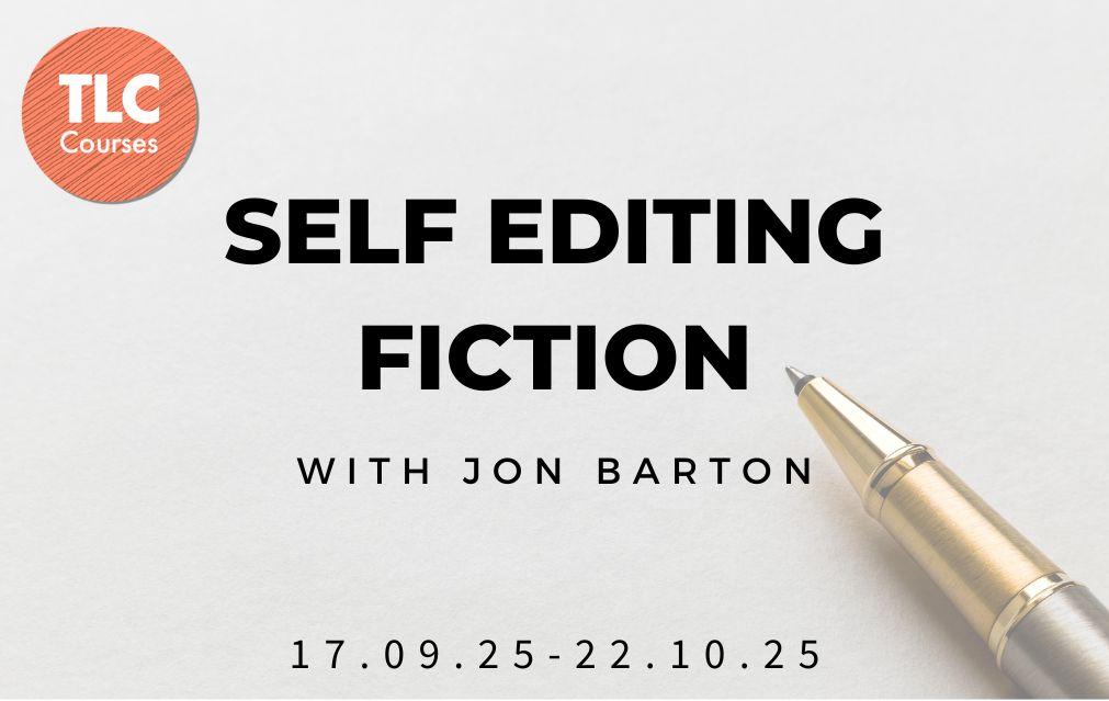 A poster for Self Editing Fiction with Jon Barton featuring a blank page and a ballpoint pen